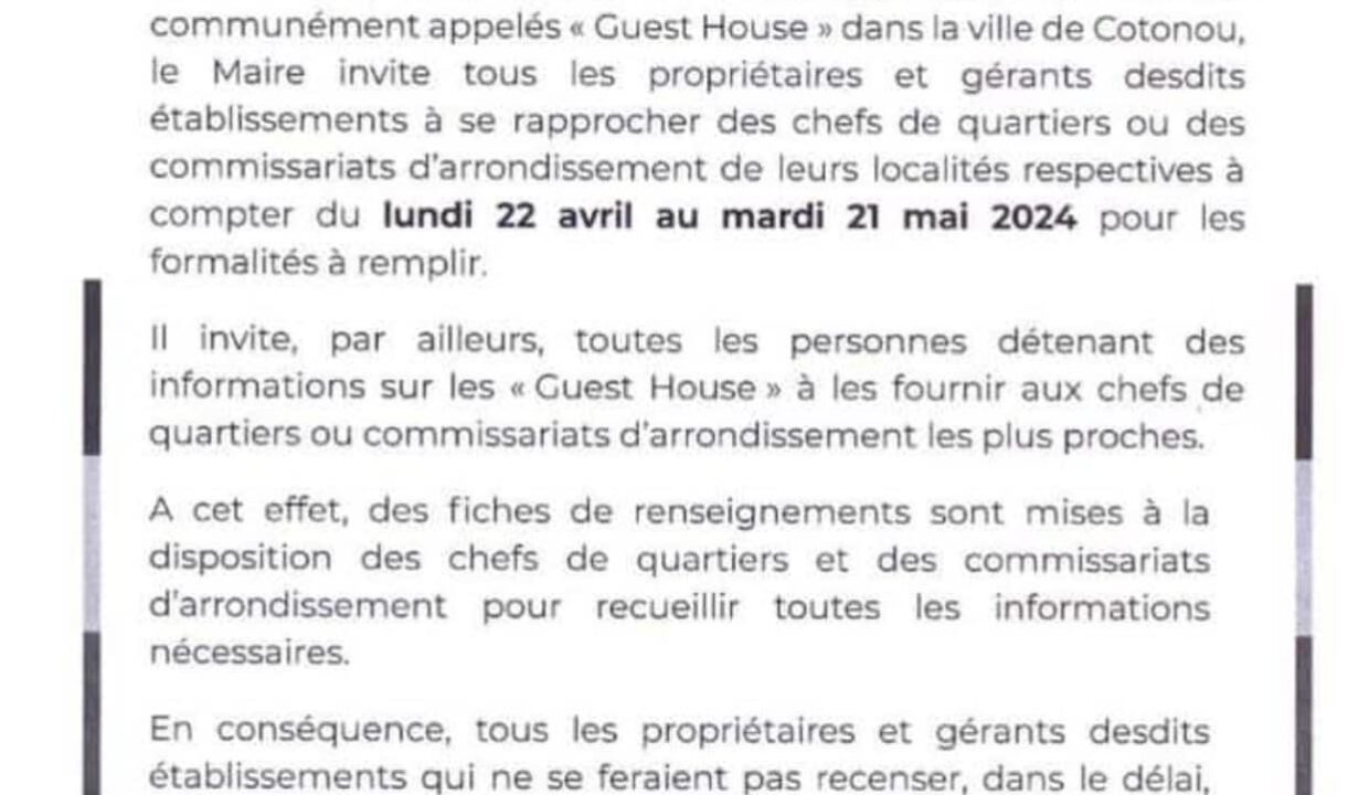 Communique sur le recensement des Guest house a Cotonou