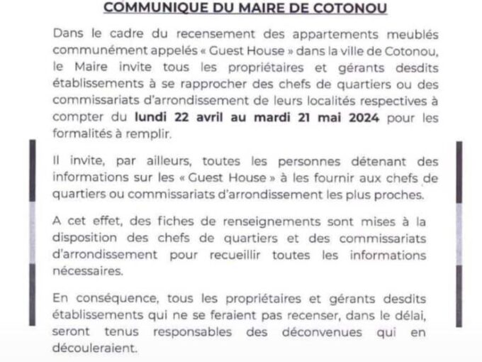 Communique sur le recensement des Guest house a Cotonou